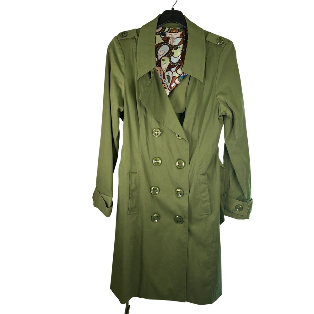Vertigo Paris Trench Coat Moss Green Cotton Blend Paisley Lining XL